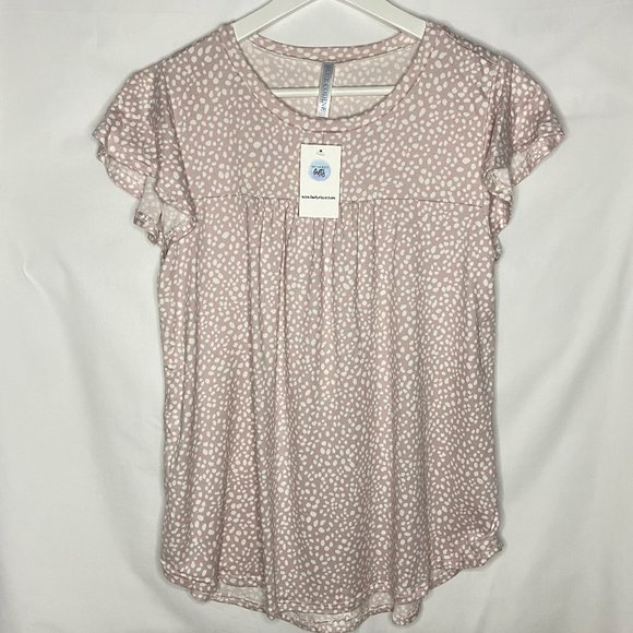 Ruffle Sleeve Round Neck Top- Dusty Rose with white spots - Picture 1 of 7